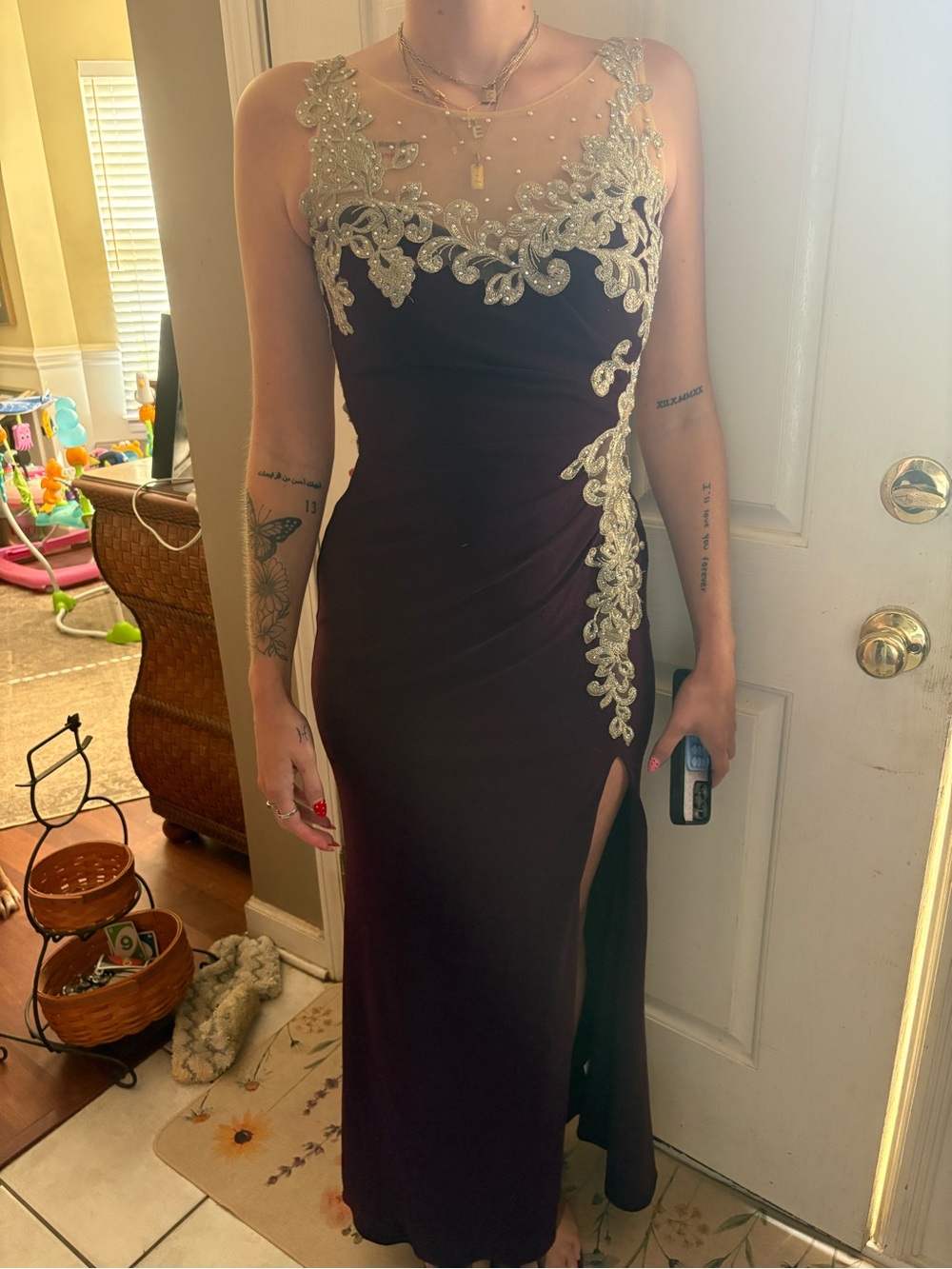 Source Unknown Elegant Plum Prom Dress with Gold Appliqué